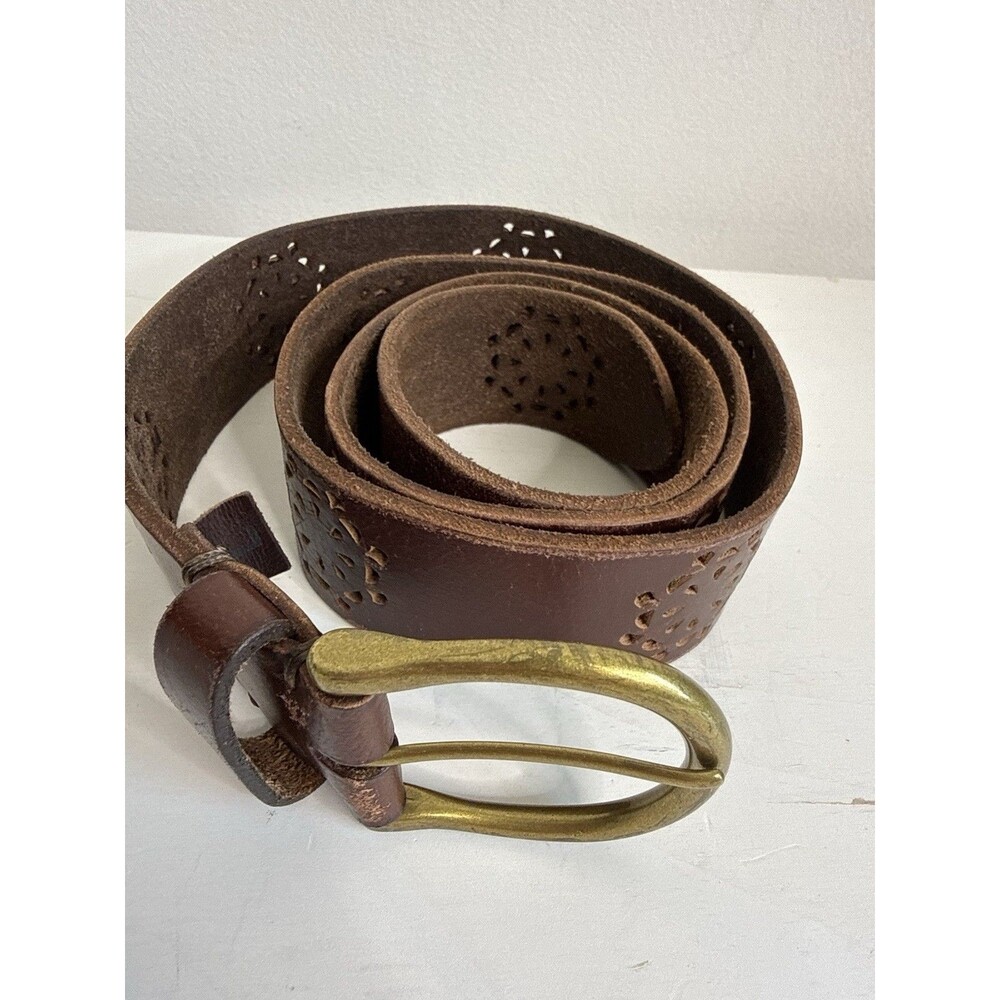 Lucky Brand Style Brown Leather Western Belt Boho Cutout Floral Brass